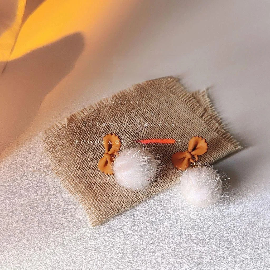 Winter Brown Bow Pom Pom Stud Earrings With Silver Plated Pins Elegant Women's Ear Jewelry
