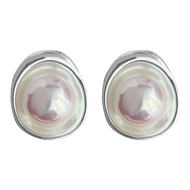 Light Luxury Geometric Pearl Stud Earrings For Women, Copper Round Oval Elegant Jewelry