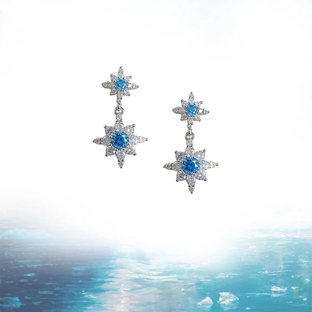 Aquamarine Blue Copper Micro Pave Zircon Eight Point Star Drop Earrings