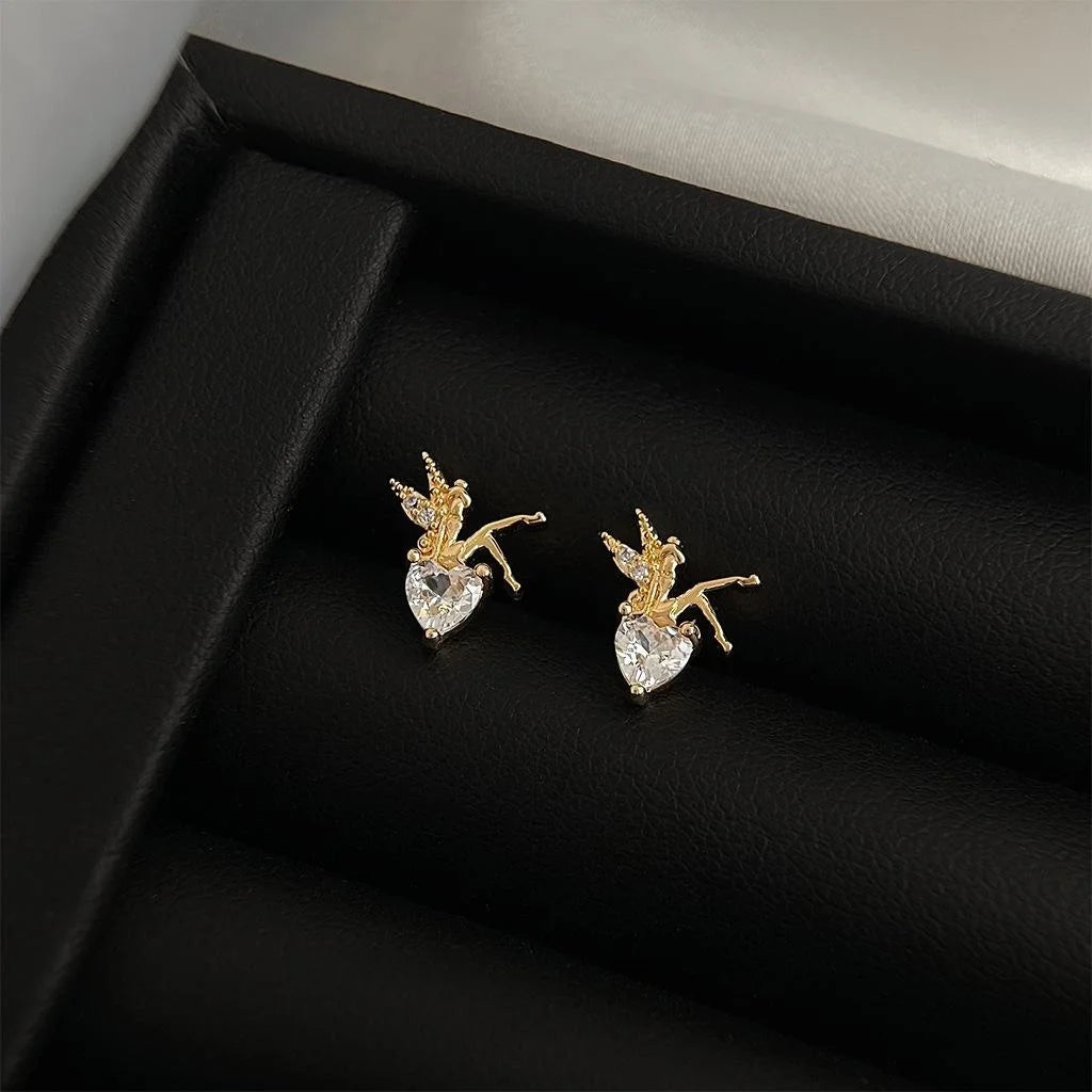 Tiny Flower Fairy Elf Zircon Copper Stud Earrings, Minimalist Fresh Designer Cartoon Jewelry