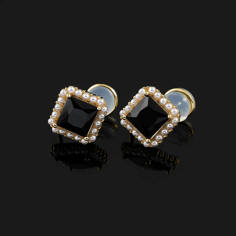 Vintage Black Square Crystal Pearl Stud & Clip On No Piercing French Luxury Alloy Earrings