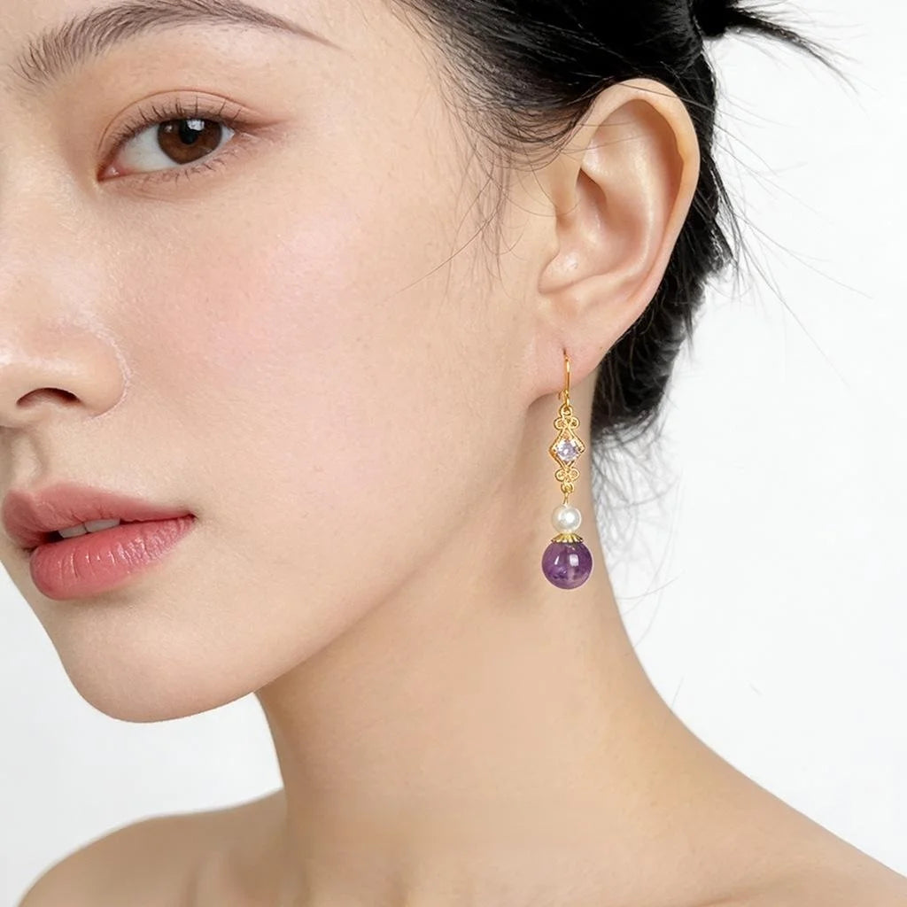 Vintage Palace Style Geometric Amethyst Zircon Pearl Copper Drop Earrings