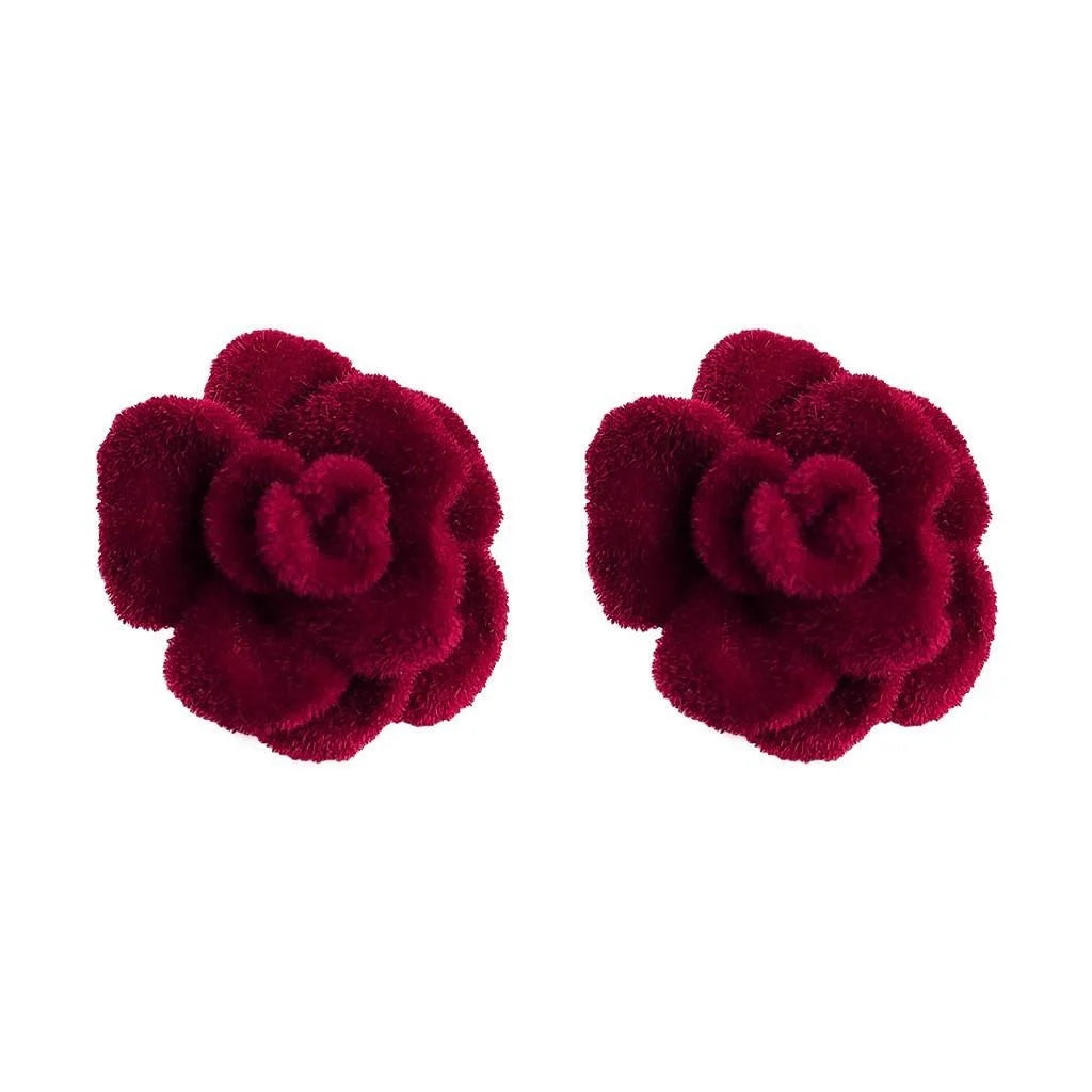 French Vintage Copper Red Flocked Flower Bow Heart Drop Earrings For Women