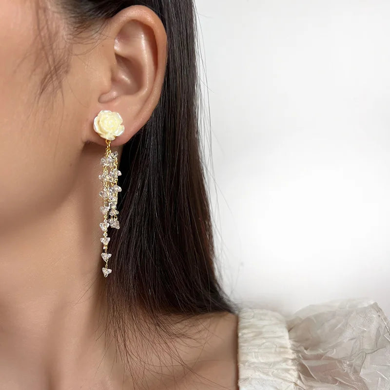 Elegant Camellia Flower Crystal Rhinestone Long Tassel Stud & Clip On No Piercing Earrings