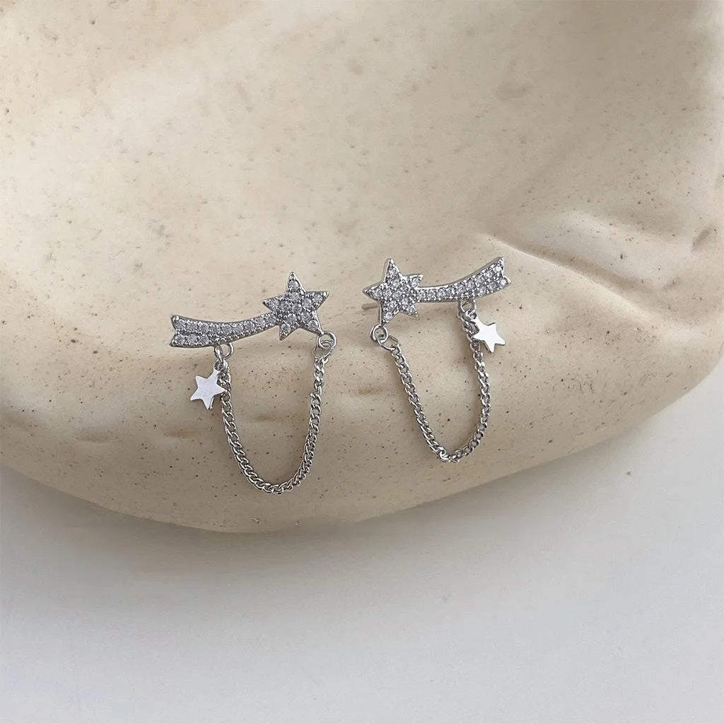 Sweet Cool Star Chain Micro Pave Zircon Copper Stud Earrings With Silver Plated Posts