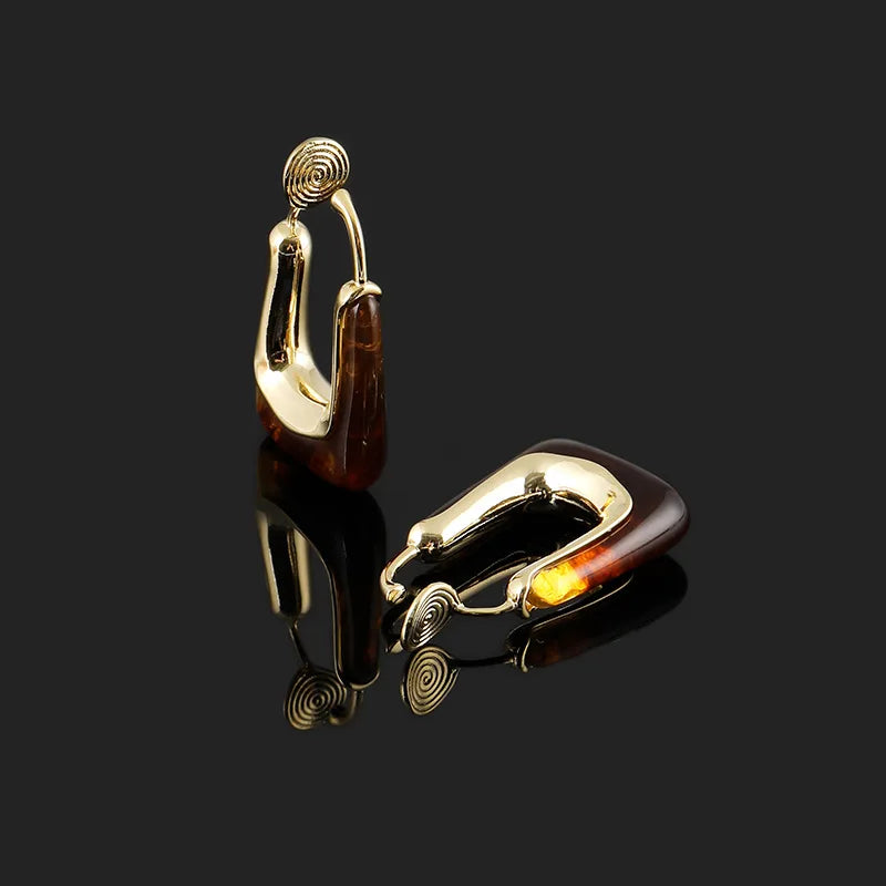 Vintage French Brown Resin Geometric Hoop Stud & Clip On No Piercing Gold Alloy Spiral Earrings