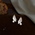 Elegant Forest Style White Leaf Glass Pearl Stud Earrings, Silver Plated Copper