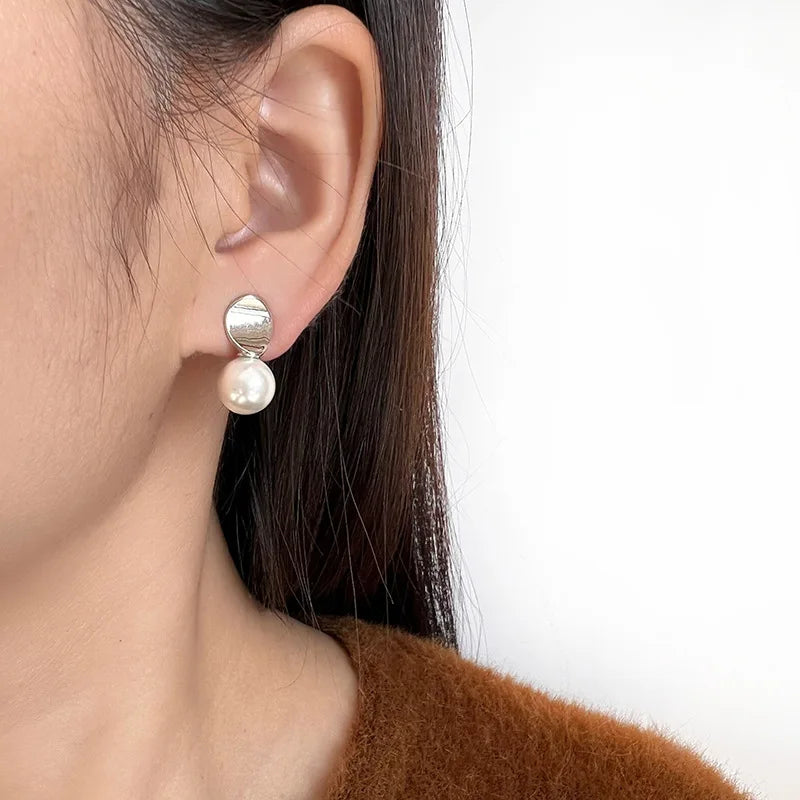 Elegant Oval Disc Faux Pearl Drop Stud & Clip On No Piercing 925 Silver Needle Korean Fashion Earrings