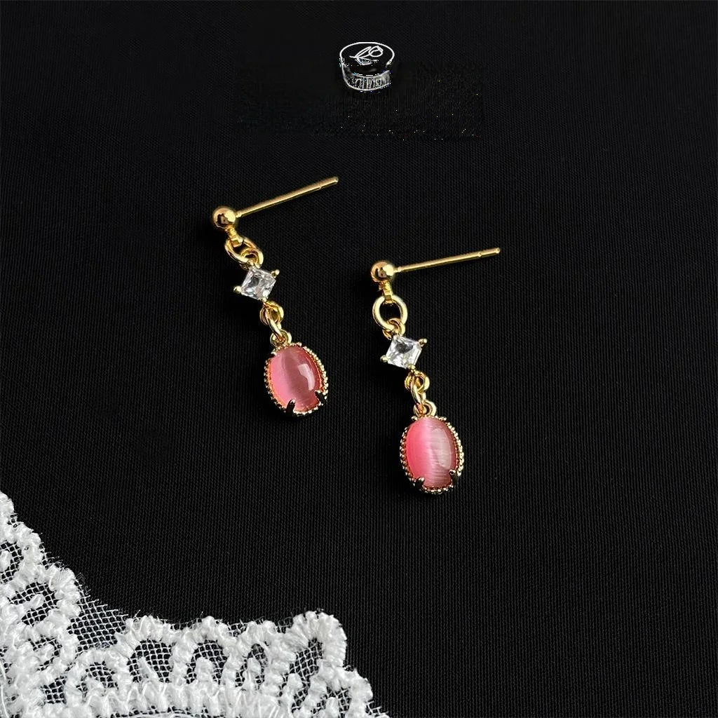 Sweet Rose Red Glass Cat Eye Stone Micro Pave Zircon Copper Geometric Drop Earrings