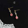 Sweet Rose Red Glass Cat Eye Stone Micro Pave Zircon Copper Geometric Drop Earrings