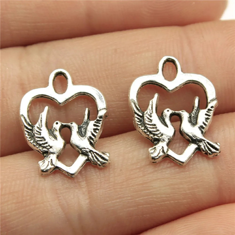 18x14mm 0.7g Multicolor Zinc Alloy Heart with Two Birds Charm Pendant for Bracelet Making