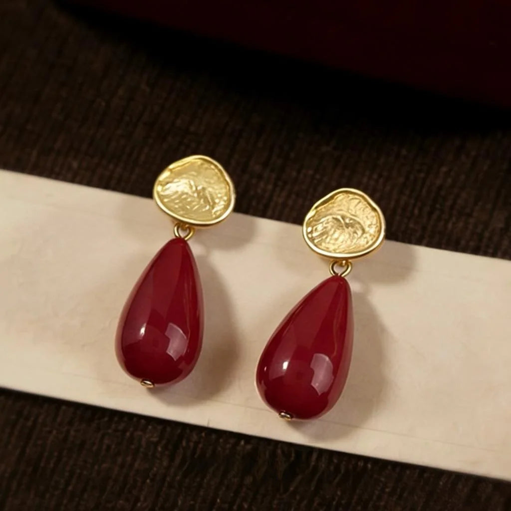 Vintage Hong Kong Style Burgundy Resin Teardrop Drop Earrings