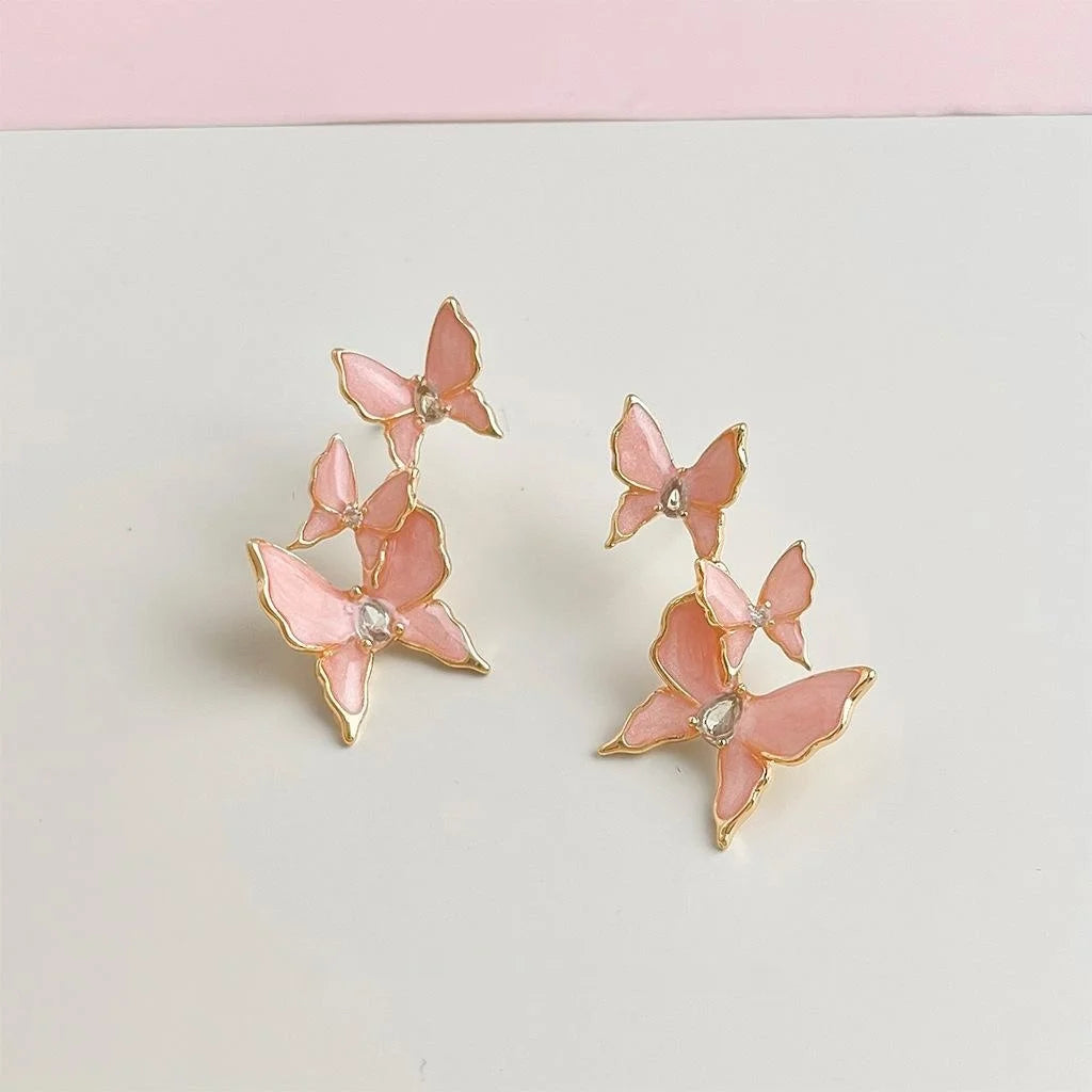 Sweet Pink Copper Butterfly Drop Earrings With Micro Pave Zircon, Elegant Summer Jewelry