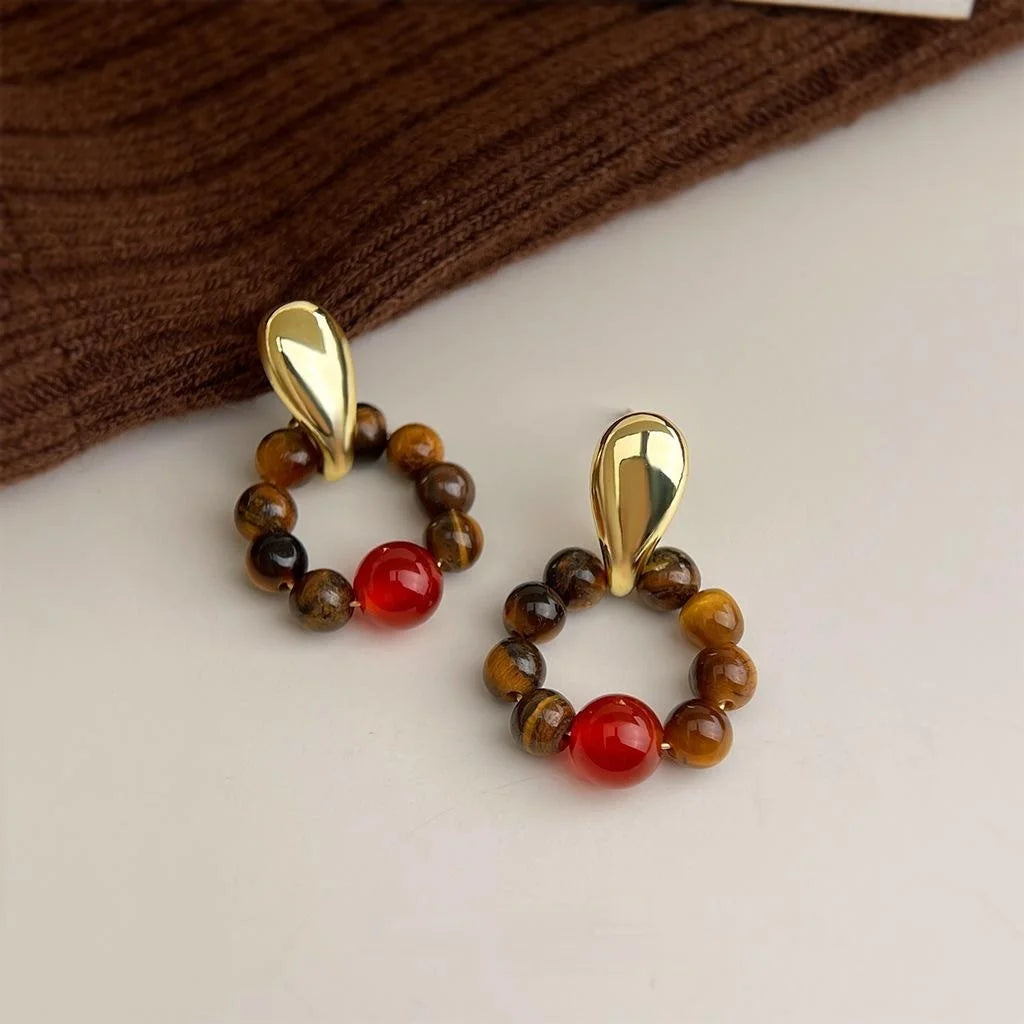 Ethnic Vintage Natural Tiger Eye Red Agate Geometric Round Copper Drop Earrings
