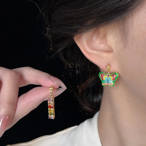 14K Gold Plated Copper Colorful Enamel Zircon Asymmetric Butterfly Stud Earrings