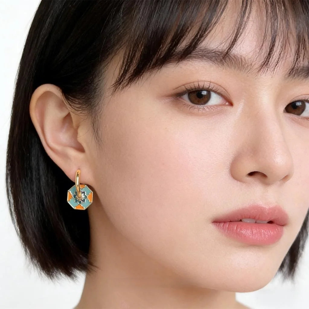 Premium Hand Painted Enamel Copper Geometric Square Flower Petal Drop Earrings For Women
