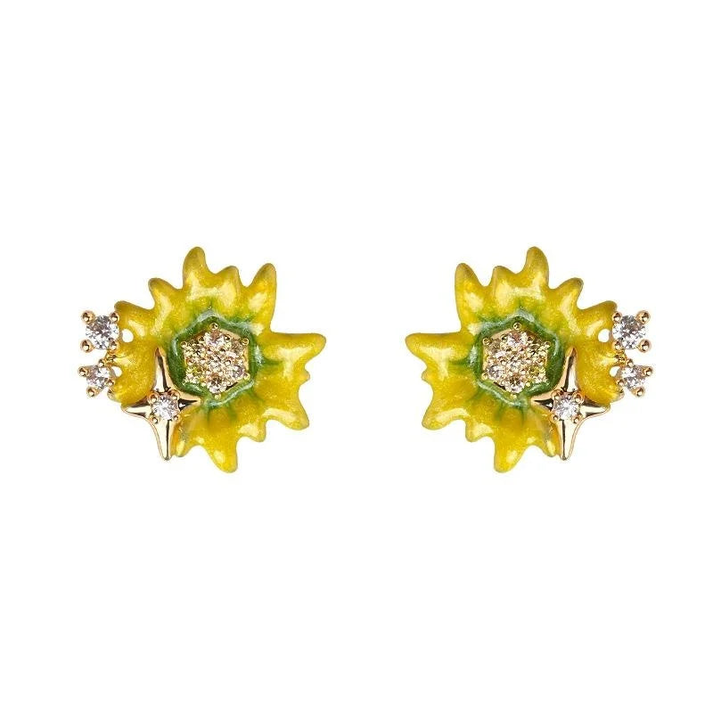 Luxury 14K Gold Plated Copper Zircon Enamel Sunflower Stud Earrings