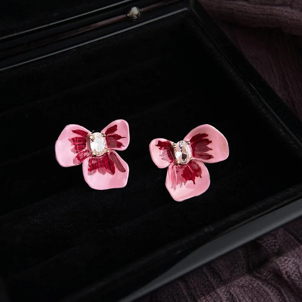 Sweet Enamel Painted Copper Iris Flower Drop Earrings With Zircon Three-Petal Floral Design