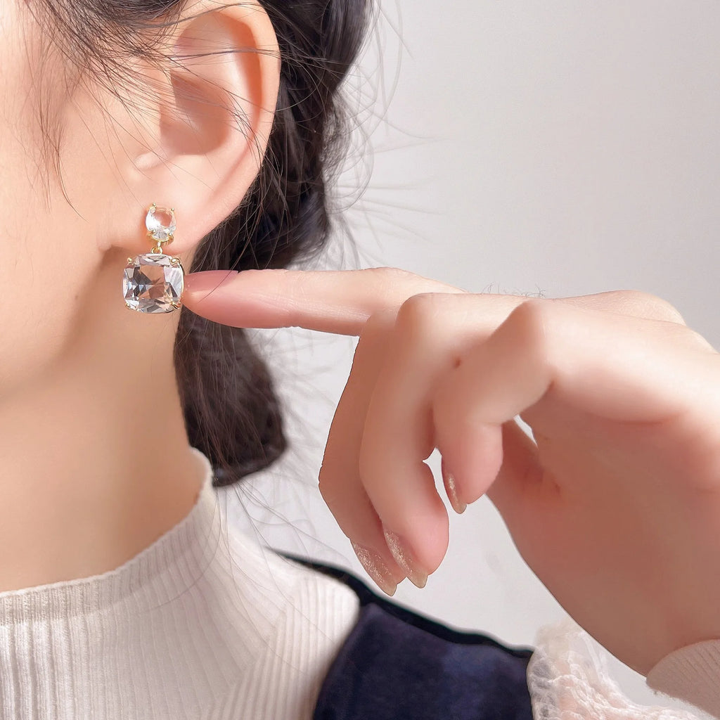 Elegant Square Clear Crystal Zircon Dangle Stud & Clip On No Piercing Luxury Alloy Drop Earrings