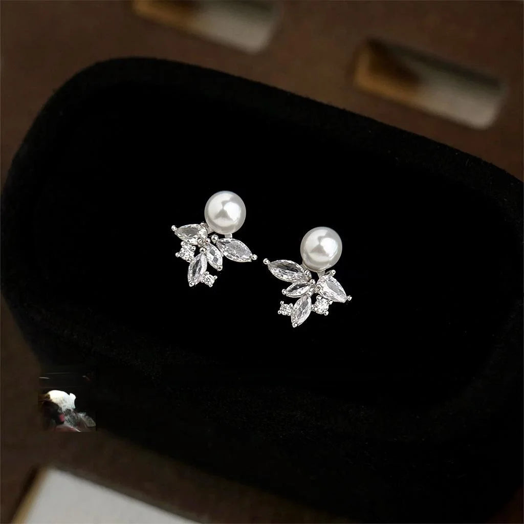 Copper Micro Pave Zircon Pearl Ice Flower Stud Earrings For Women