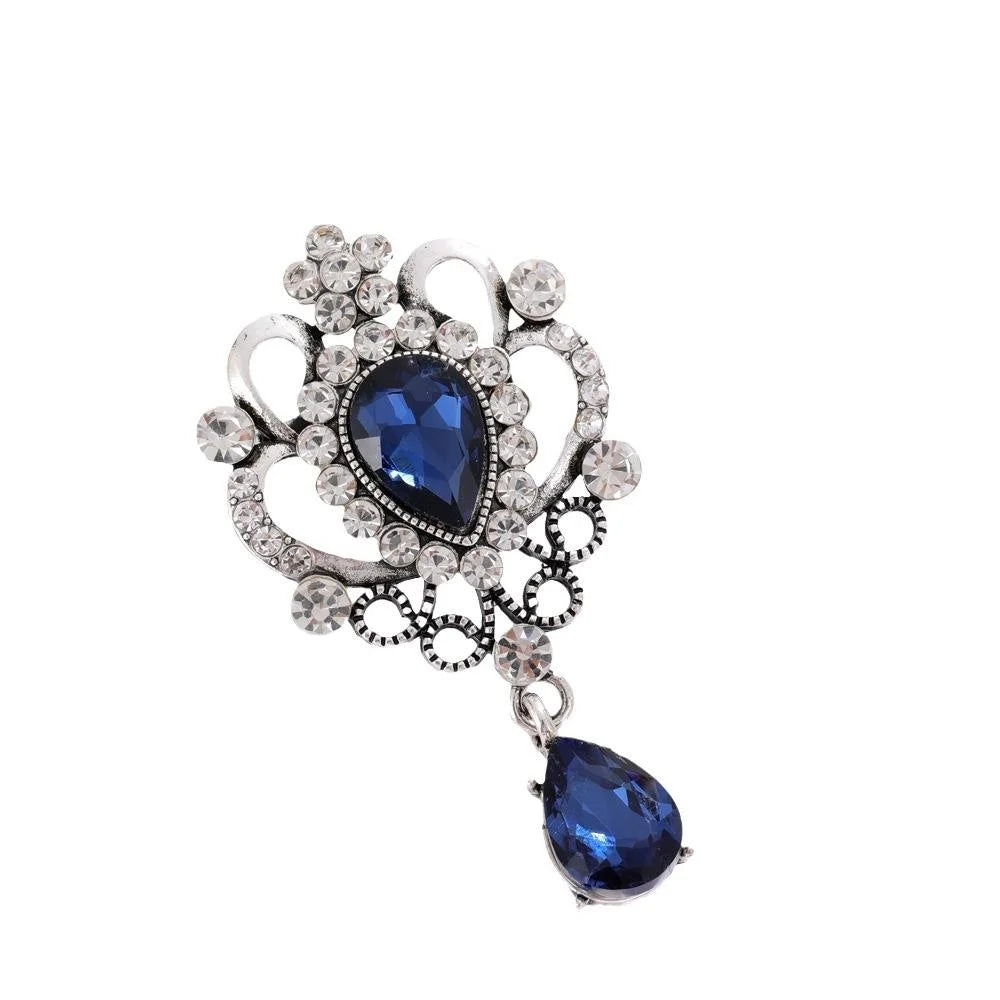 Vintage Baroque Blue Glass Teardrop Rhinestone Brooch, Luxury Palace Style Lapel Pin Suit Accessory