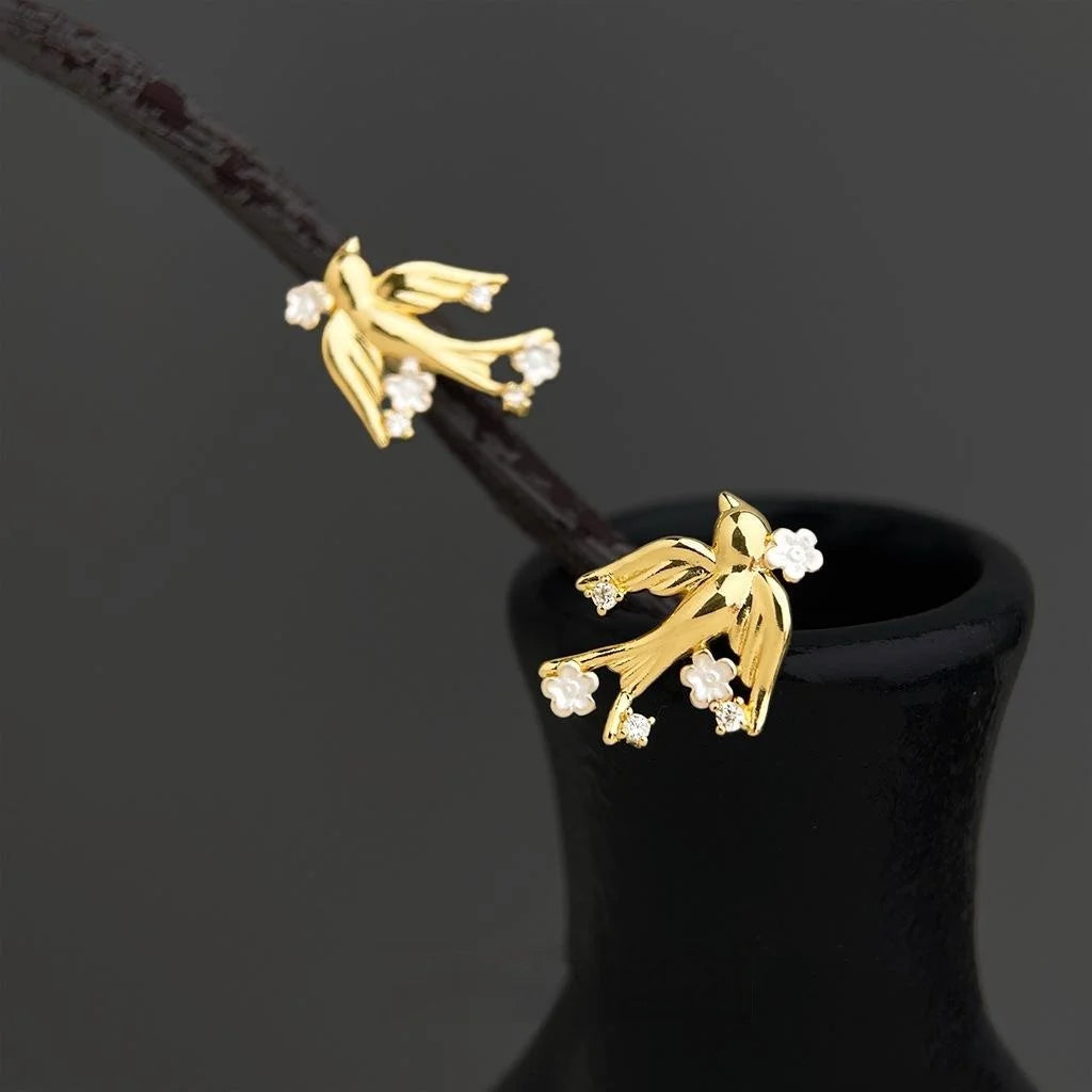Original Chinese Style Flying Bird Micro Pave Zircon Eco Copper Stud Earrings