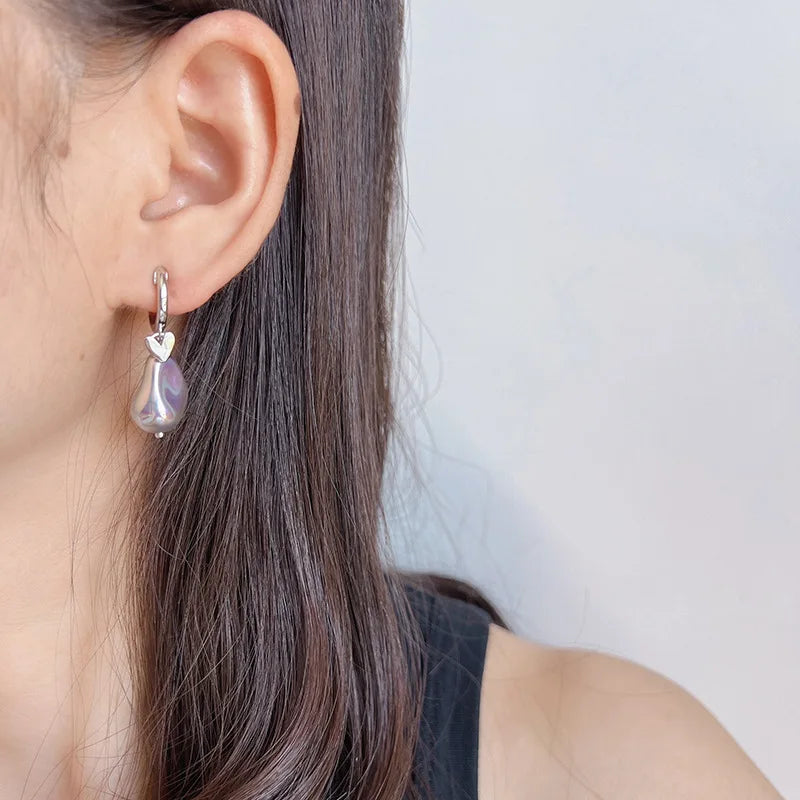 Elegant Grey Faux Baroque Pearl Heart Dangle Stud & Clip On No Piercing Alloy Hoop Earrings
