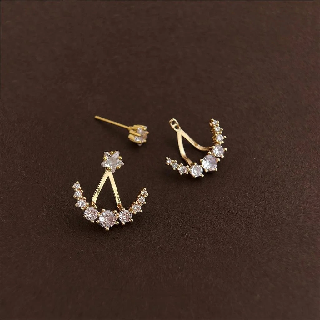 Micro Pave Zircon Star Moon Stud Earrings Eco Copper Two Way Fashion OL Silver Plated Pin