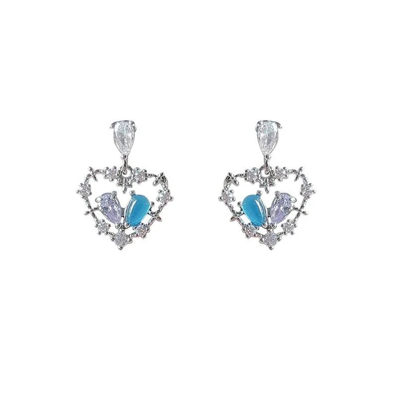 Sweet Cool Copper Hollow Heart Stud Earrings With Micro Pave Zircon And Two Tone Glass Cat Eye Stone