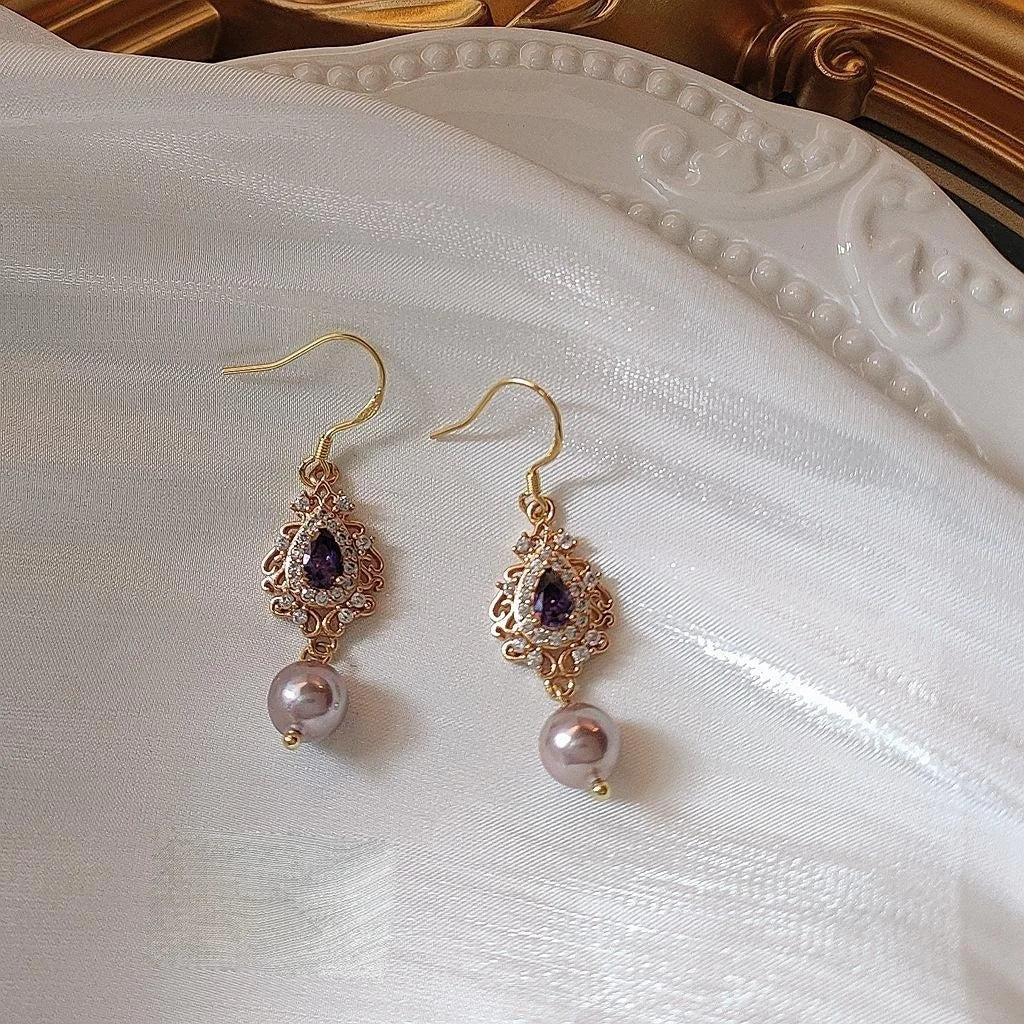 French Vintage Copper Drop Earrings With Micro Pave Zircon Teardrop Pearl And Silver Plated Pins