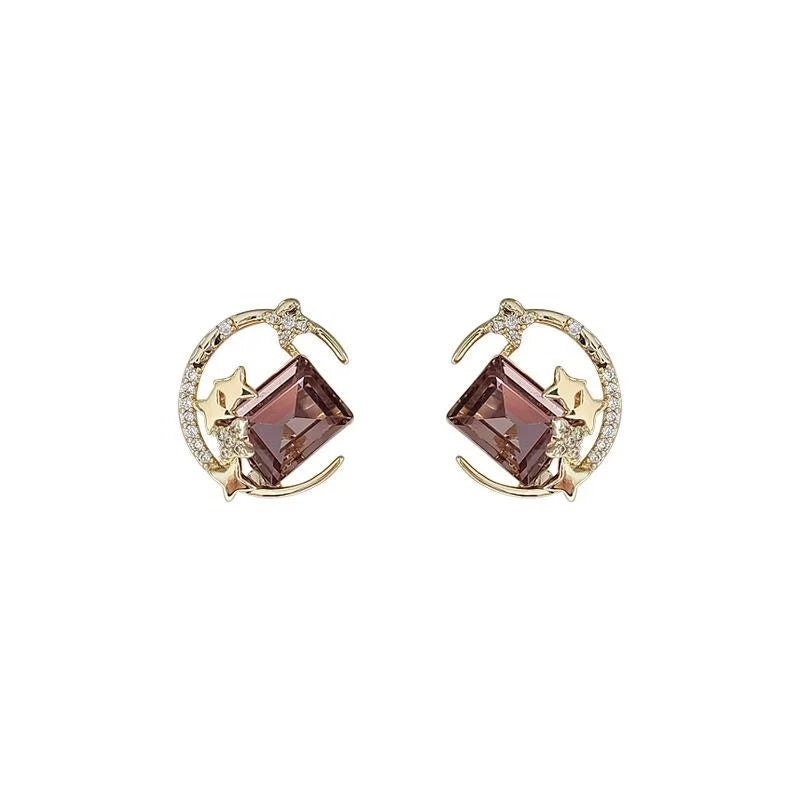Light Luxury Copper Zircon Moon Star Glass Crystal Drop Earrings For Women