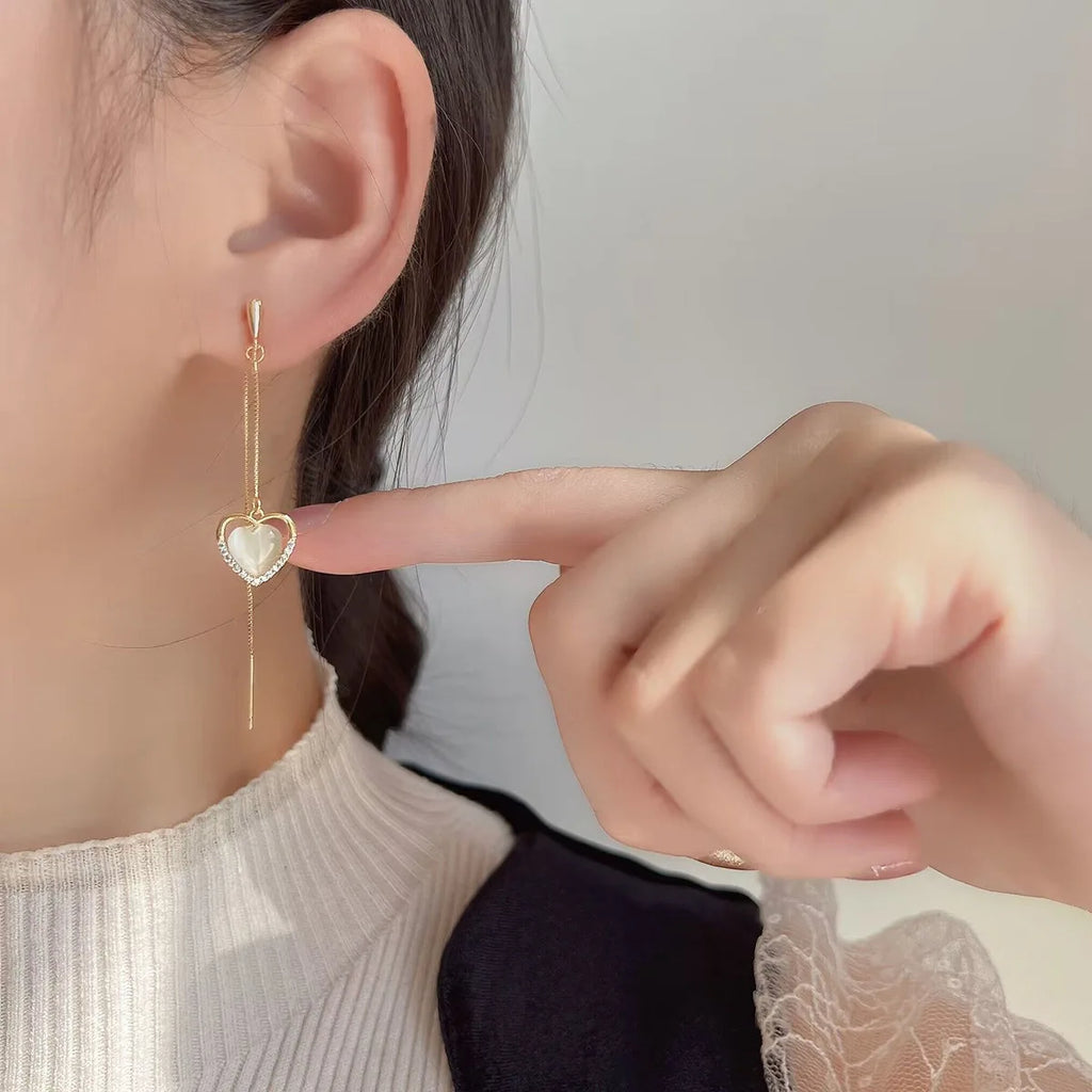 Elegant Heart Cat Eye Stone Tassel Threader Alloy Rhinestone Stud & Clip On No Piercing Earrings