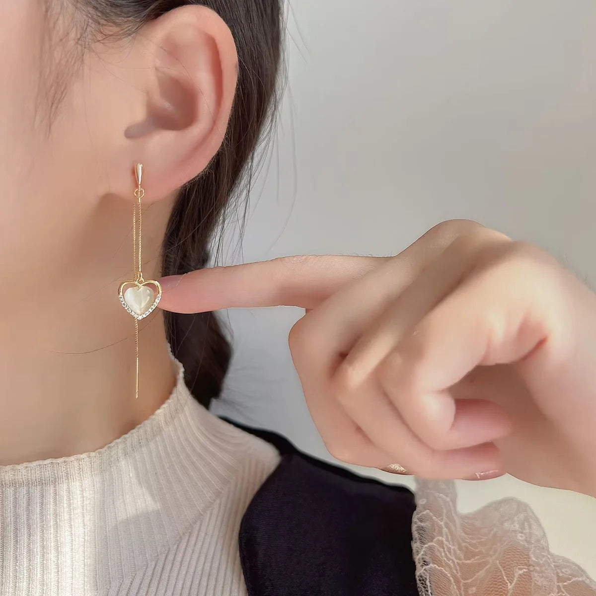 Elegant Heart Cat Eye Stone Tassel Threader Alloy Rhinestone Stud & Clip On No Piercing Earrings
