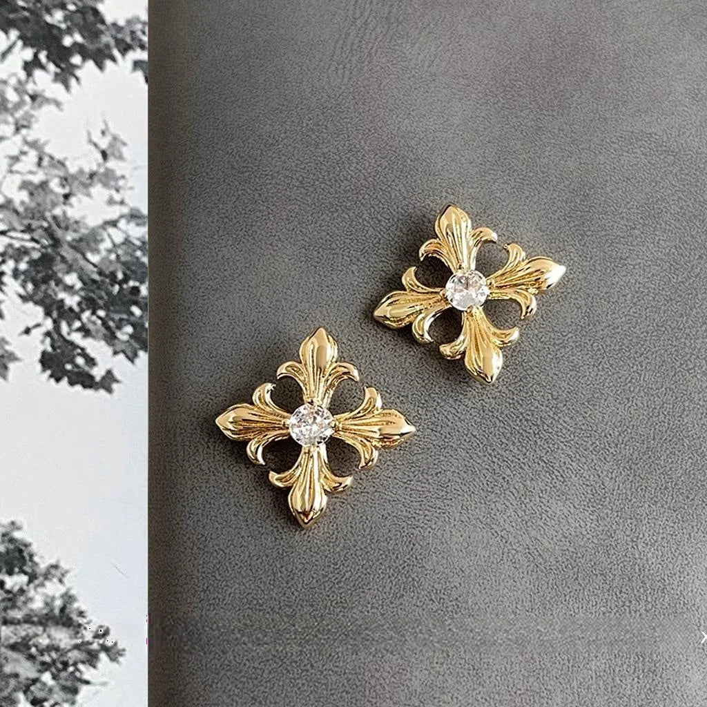 14K Plated Copper Floral Leaf Geometric Stud Earrings Minimalist Designer Jewelry