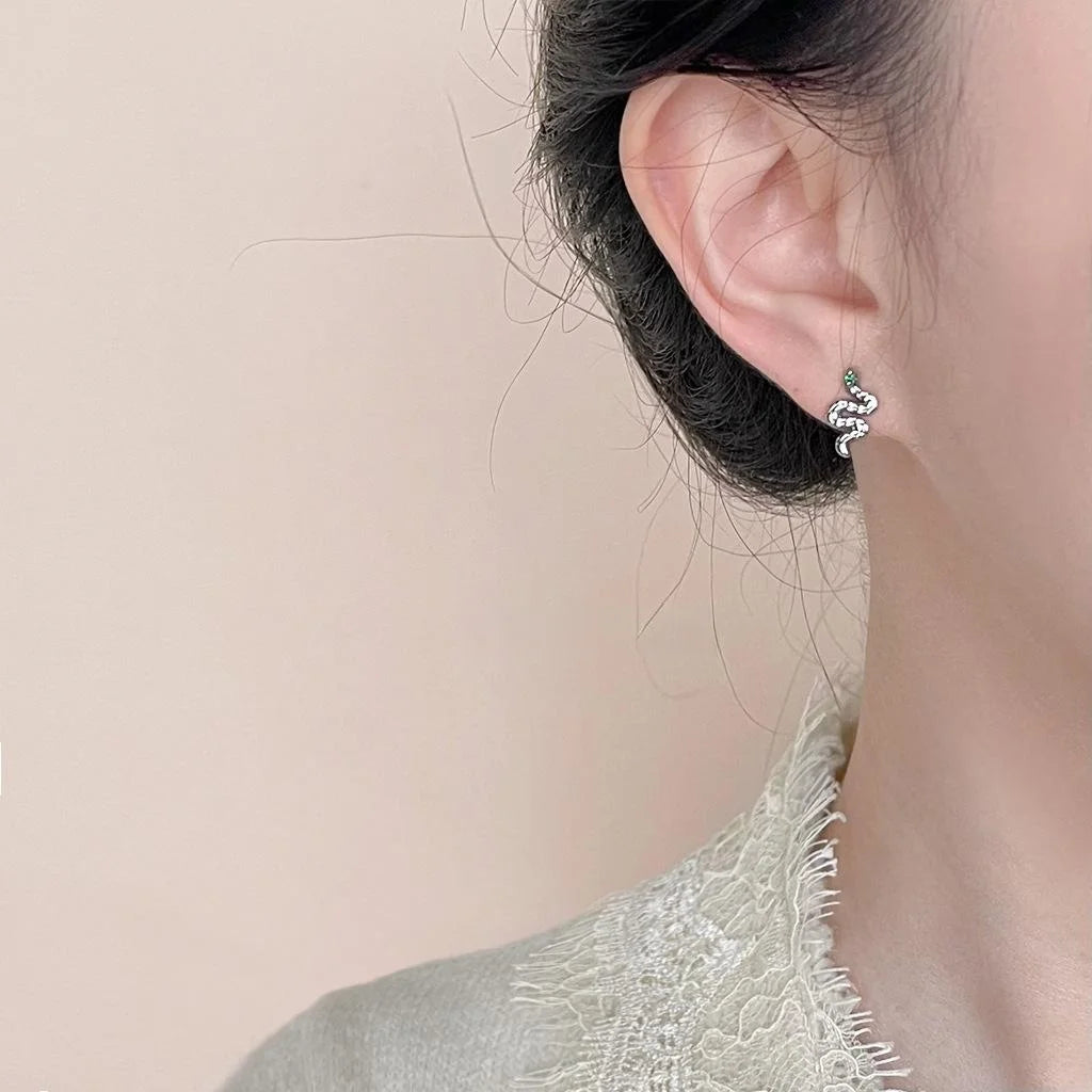 Micro Pave Zircon Snake Stud Earrings Silver Plated Copper Minimalist Luxury Animal Jewelry