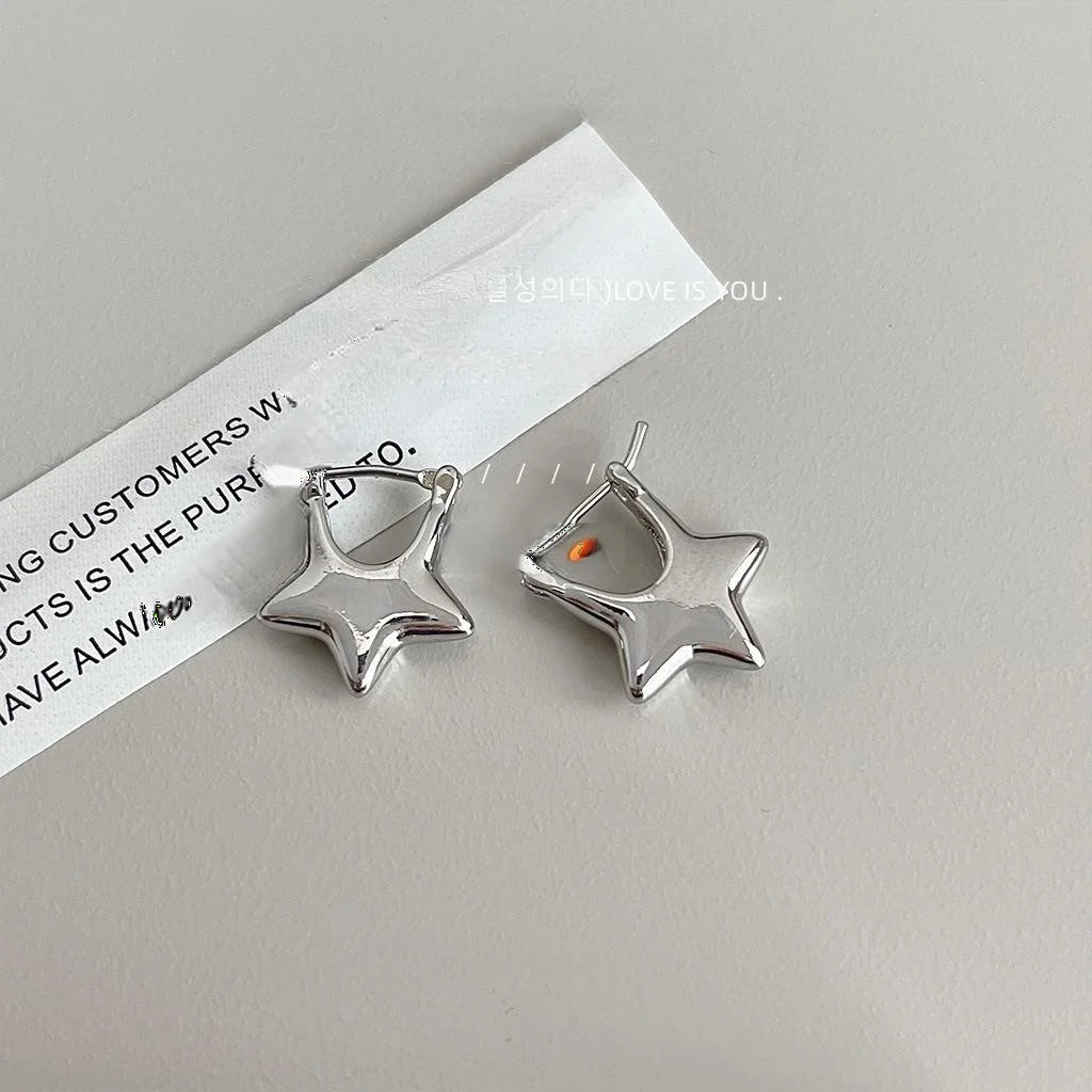 Sweet Cool Silver Tone Copper Five Point Star Stud Earrings Trendy Minimalist Fashion Jewelry