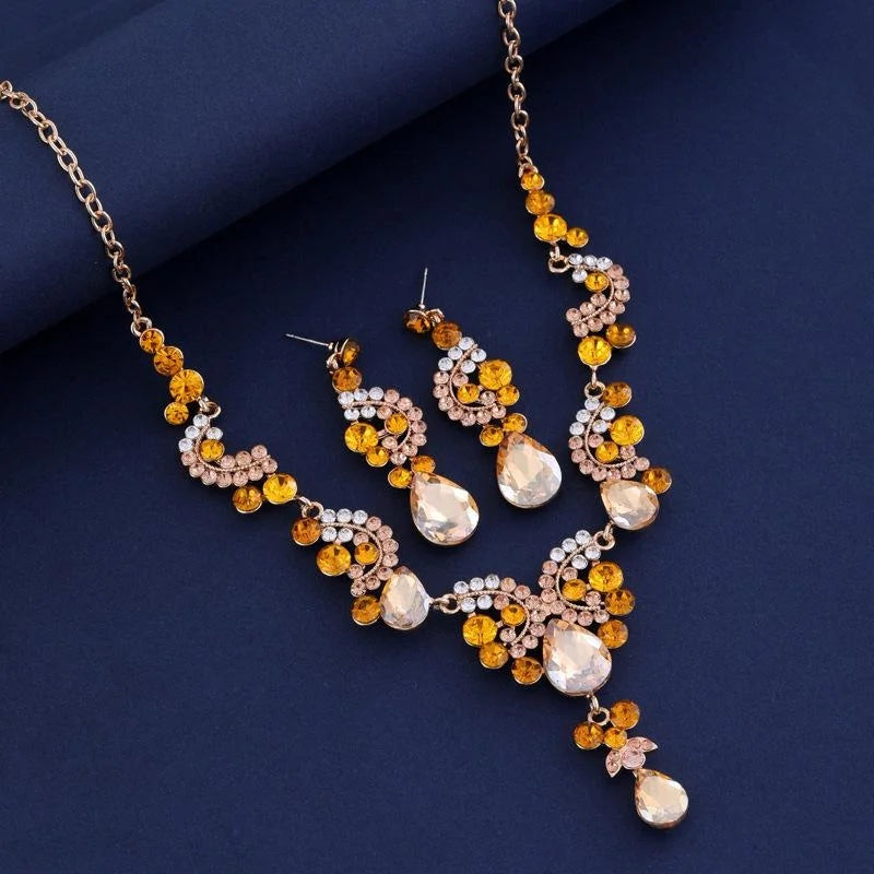 Luxury Blue Crystal Rhinestone Teardrop Necklace And Earrings Jewelry Set For Bridal Wedding Party Gift