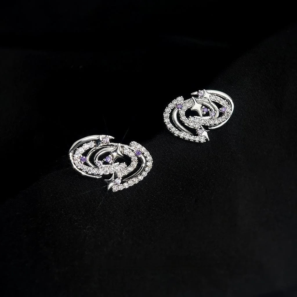 Niche 3D Geometric Planet Micro Pave Zircon Copper Stud Earrings With Silver Plated Pins