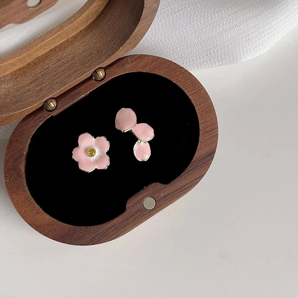 Sweet Asymmetric Pink Cherry Blossom Copper Stud Earrings 14K Plated Oil Drip Floral Jewelry