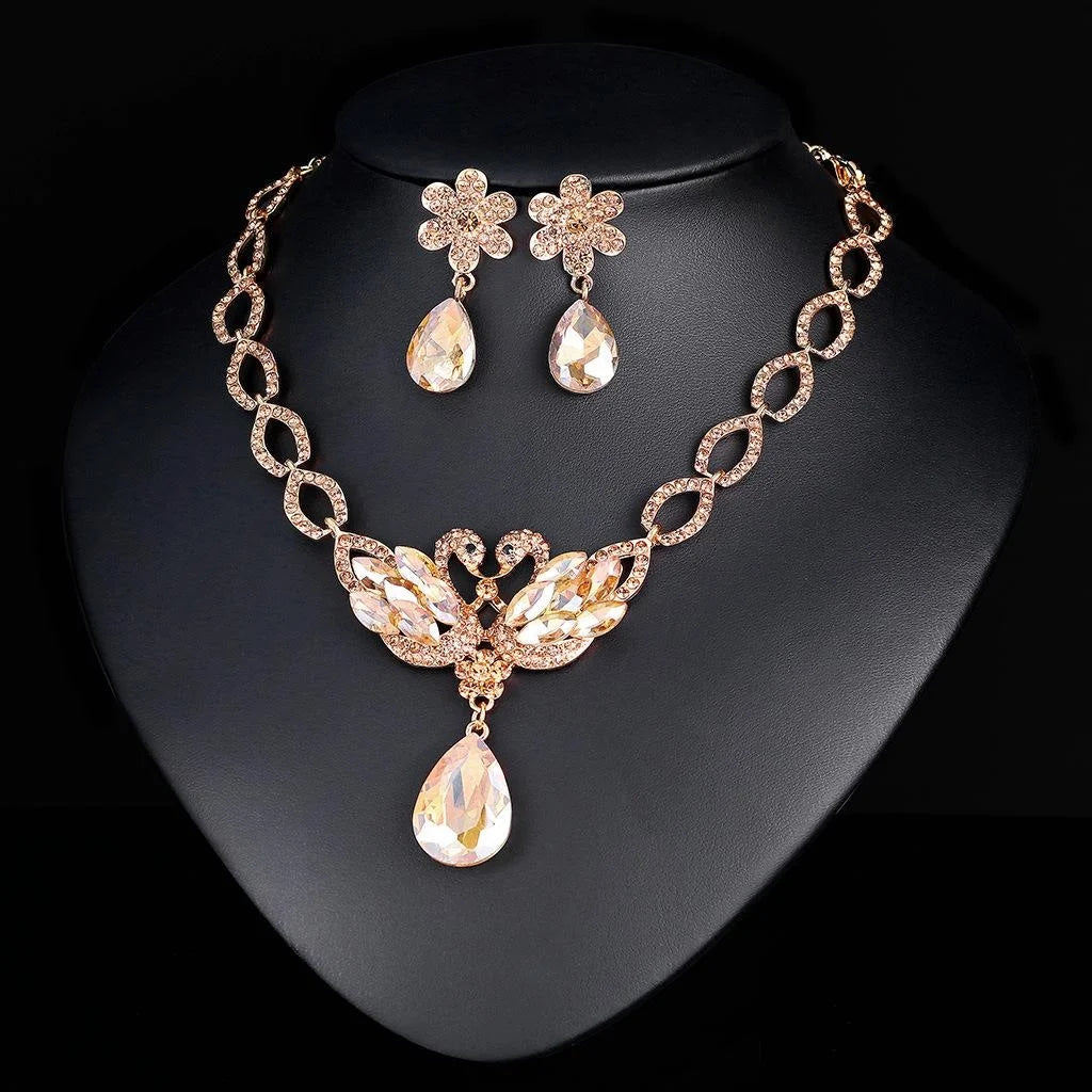 Luxury Bridal Swan Crystal Rhinestone Alloy Jewelry Set With Teardrop Necklace Earrings For Wedding