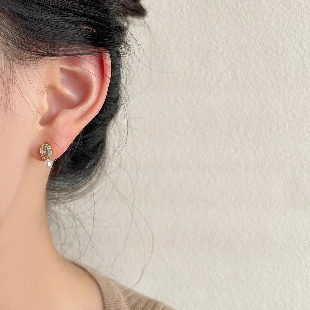 14K Gold Plated Copper Mini Pearl Stud Earrings With Aquamarine Zircon Geometric Minimalist Design
