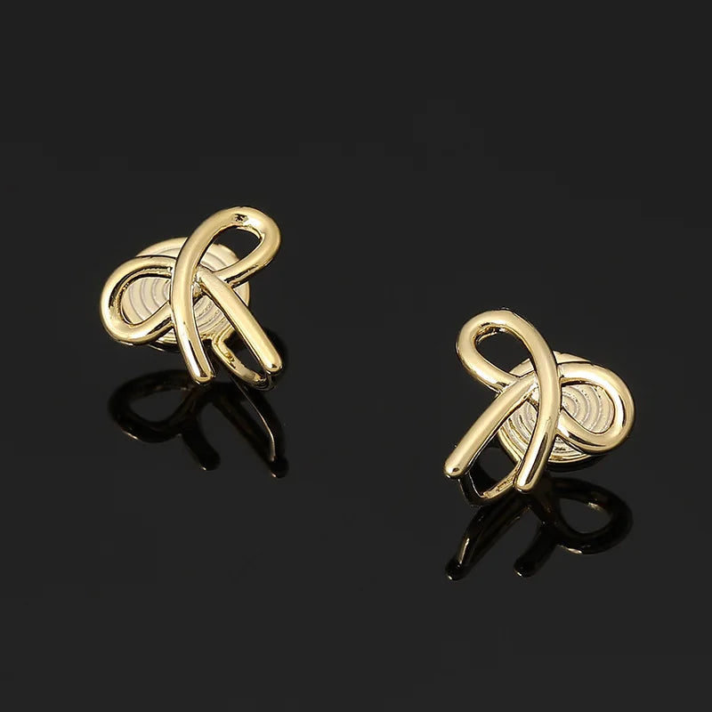 Elegant Minimalist Gold Alloy Ribbon Bow Knot Spiral Stud & Clip On No Piercing Fashion Earrings
