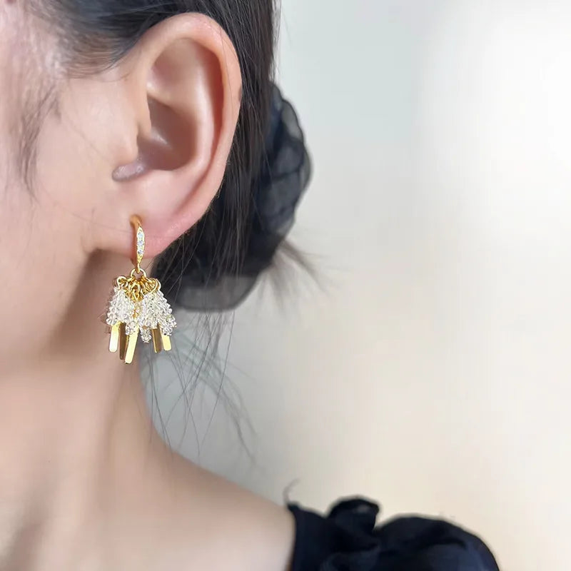 Luxury Handmade Spiral Crystal Tassel Alloy Bar Drop Stud & Clip On No Piercing Statement Earrings