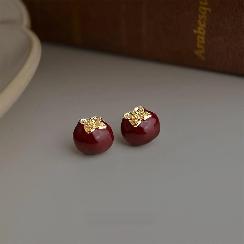 Vintage Burgundy Persimmon Enamel Glaze Eco-Friendly Copper Stud Earrings