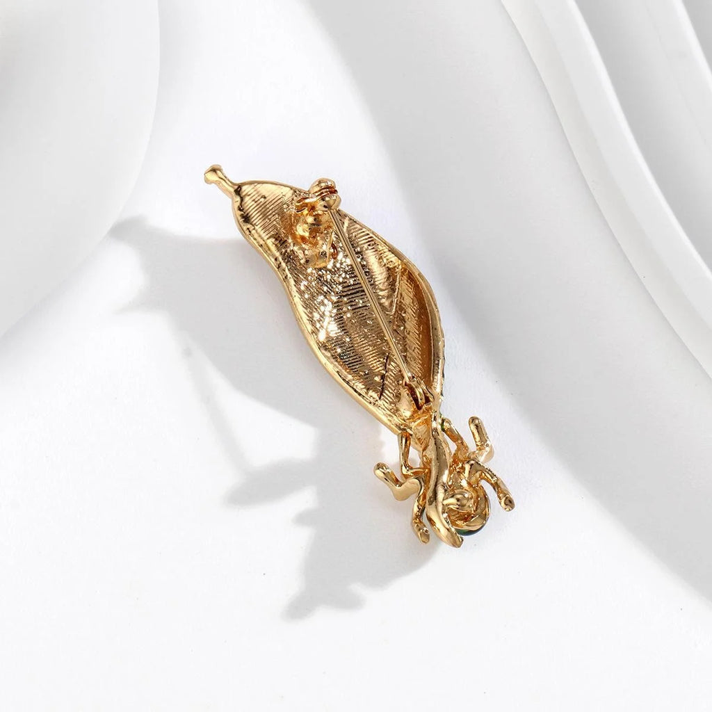 Elegant Green Enamel Leaf And Spider Brooch With Rhinestones, Gold Tone Alloy Lapel Pin Gift
