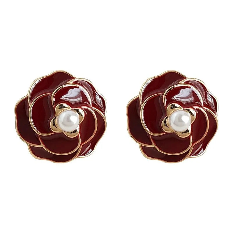 Hong Kong Style Vintage Burgundy Enamel Flower 14K Gold Plated Copper Stud Earrings