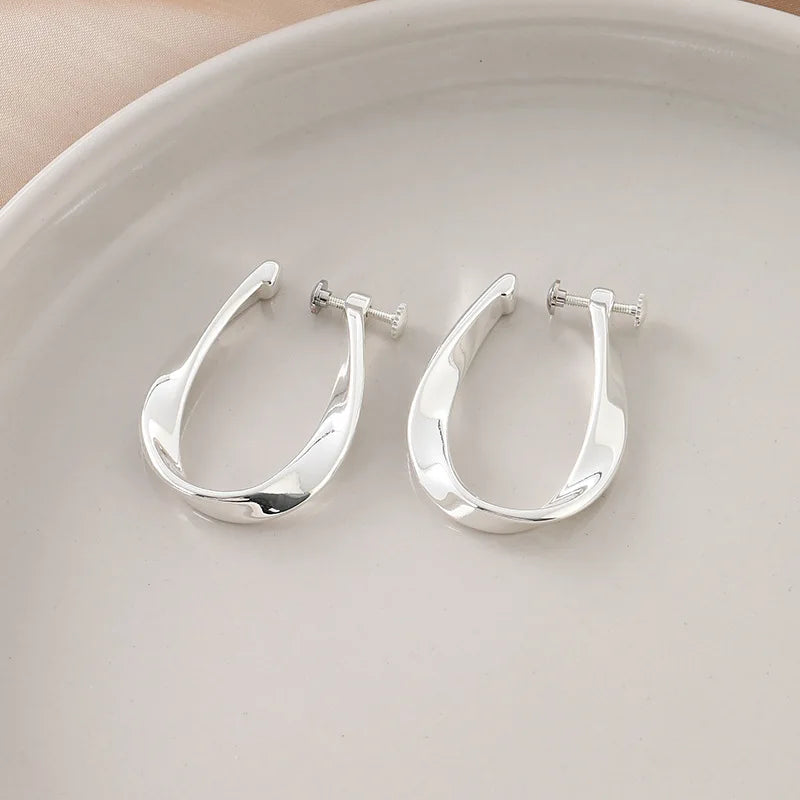 Elegant Silver Alloy Twisted Hoop Stud & Clip On No Piercing Minimalist Spiral Ear Cuff Earrings