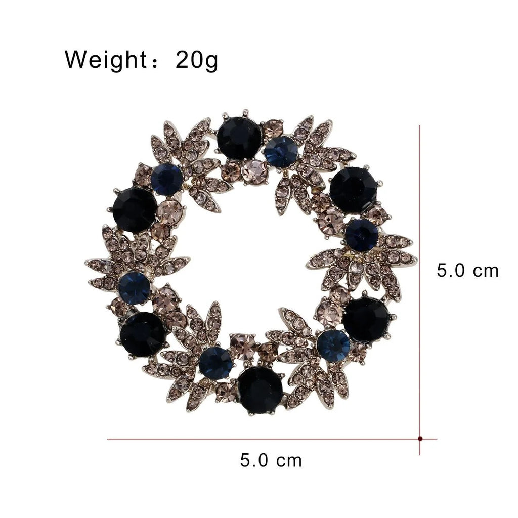 Luxury Rhinestone Floral Wreath Brooch With Navy Crystal Accents, Elegant Alloy Lapel Pin Suit Accessory