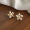 French Vintage Micro Pave Zircon Pearl Flower Stud Earrings Copper Sunflower Hepburn Style