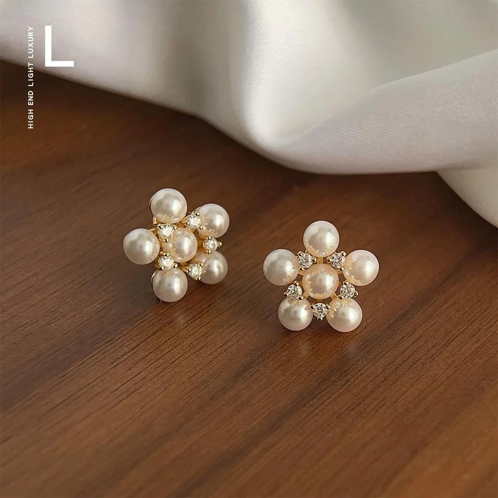French Vintage Micro Pave Zircon Pearl Flower Stud Earrings Copper Sunflower Hepburn Style